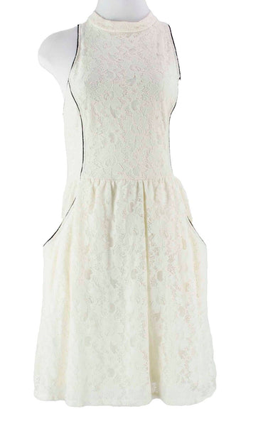 Fire NEW Sz L Cream Cotton Nylon Lace Black Pocketed Keyhole Poly Blend Dress