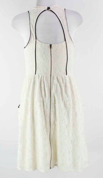 Fire NEW Sz L Cream Cotton Nylon Lace Black Pocketed Keyhole Poly Blend Dress