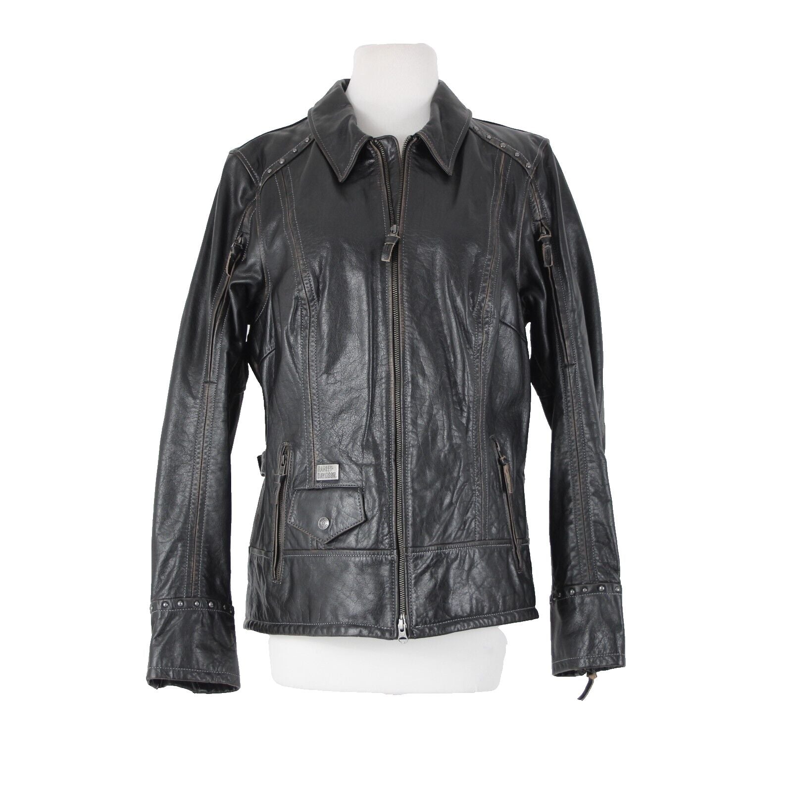 Harley Davidson NEW  Sz XL Black Collared Pockets Leather Polyester Lined Jacket