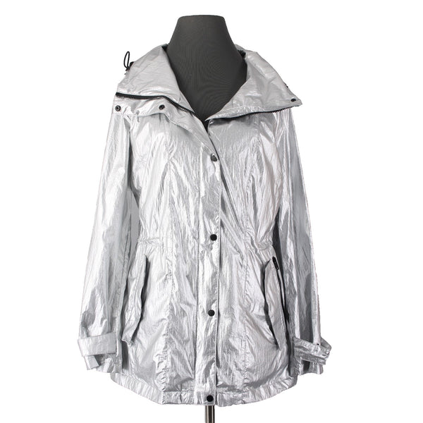 DKNY Jacket Sz M Silver Metallic Hooded Pockets 100% Nylon Polyester Jacket