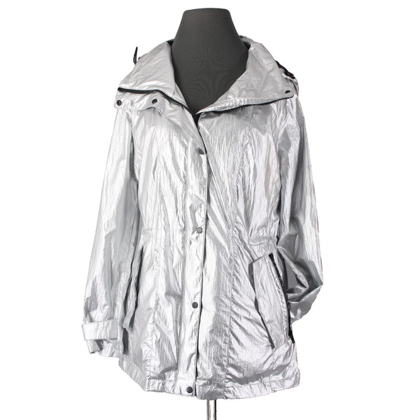 DKNY Jacket Sz M Silver Metallic Hooded Pockets 100% Nylon Polyester Jacket
