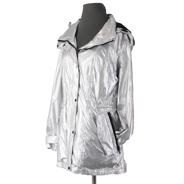 DKNY Jacket Sz M Silver Metallic Hooded Pockets 100% Nylon Polyester Jacket