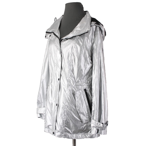 DKNY Jacket Sz M Silver Metallic Hooded Pockets 100% Nylon Polyester Jacket