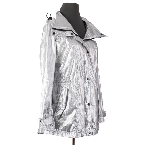 DKNY Jacket Sz M Silver Metallic Hooded Pockets 100% Nylon Polyester Jacket