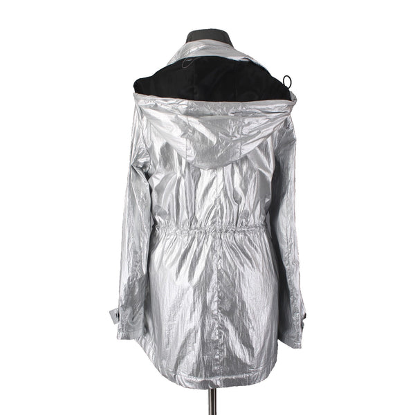 DKNY Jacket Sz M Silver Metallic Hooded Pockets 100% Nylon Polyester Jacket
