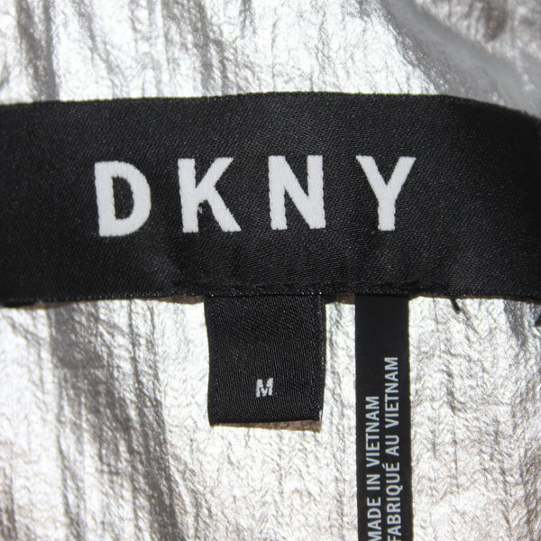DKNY Jacket Sz M Silver Metallic Hooded Pockets 100% Nylon Polyester Jacket