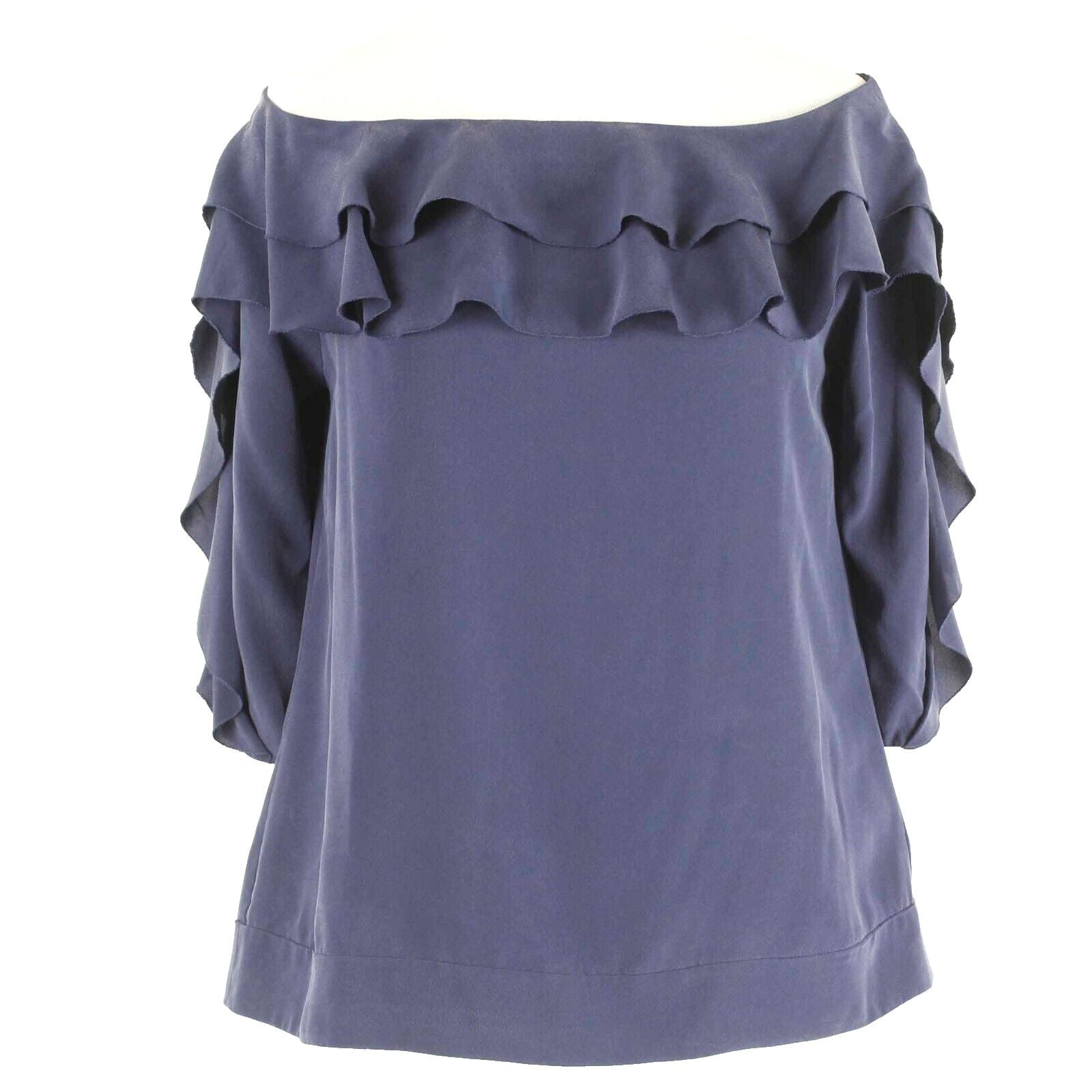 L'Agence Sz S Blue Navy Ruffle Front & Sleeves Silk Spandex Woven Top