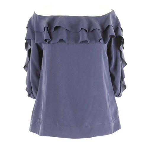 L'Agence Sz S Blue Navy Ruffle Front & Sleeves Silk Spandex Woven Top