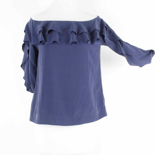 L'Agence Sz S Blue Navy Ruffle Front & Sleeves Silk Spandex Woven Top