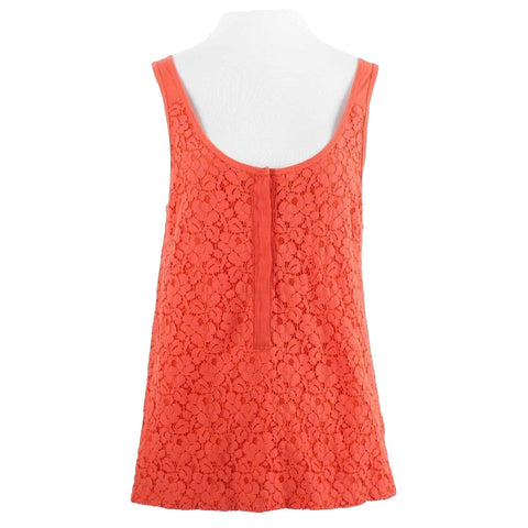 J Crew Sz M Coral Orange Lace Overlay Hidden Buttons Knit Back Cotton Nylon Top