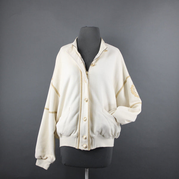 St John Sportswear VTG Sz L Cream Gold Lined Collar Cotton Viscose Rayon Jacket