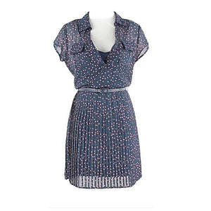 As U Wish Sz S Navy Pink Polka Dot Belted Sheer Lined Pleated Polyester Dress