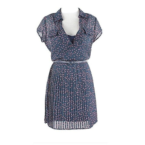 As U Wish Sz S Navy Pink Polka Dot Belted Sheer Lined Pleated Polyester Dress