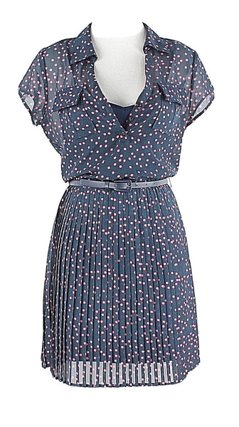 As U Wish Sz S Navy Pink Polka Dot Belted Sheer Lined Pleated Polyester Dress