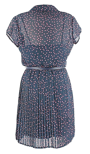 As U Wish Sz S Navy Pink Polka Dot Belted Sheer Lined Pleated Polyester Dress