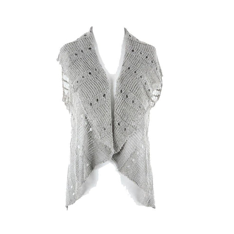 Cartise Sz L Taupe Crochet Asymmetrical Open Weave Boho Knit Vest Wrap