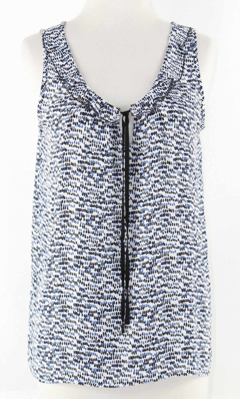LOFT Sz XS White Blue Black Ruffle Ribbon Neck 100% Polyester Top
