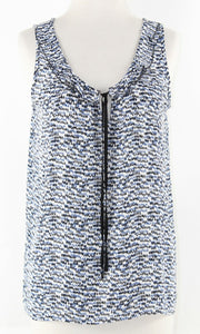 LOFT Sz XS White Blue Black Ruffle Ribbon Neck 100% Polyester Top