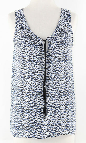LOFT Sz XS White Blue Black Ruffle Ribbon Neck 100% Polyester Top