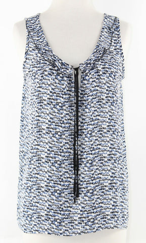 LOFT Sz XS White Blue Black Ruffle Ribbon Neck 100% Polyester Top