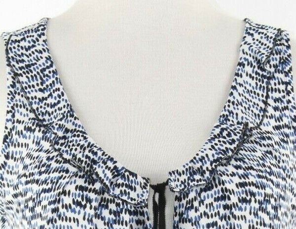 LOFT Sz XS White Blue Black Ruffle Ribbon Neck 100% Polyester Top