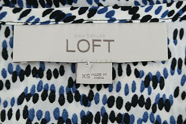 LOFT Sz XS White Blue Black Ruffle Ribbon Neck 100% Polyester Top