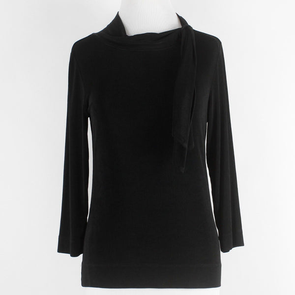Chicos Travelers Sz 0 Black Pullover Built In Neck Tie Acetate Spandex Knit Top