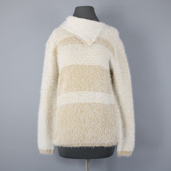 Ethyl Sz M Cream Mustard Yellow Eyelash Fur Boho Asym Neck Nylon Blend Sweater