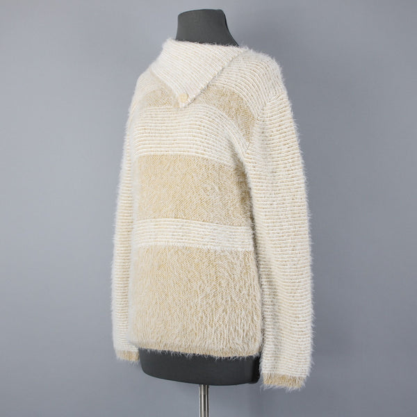 Ethyl Sz M Cream Mustard Yellow Eyelash Fur Boho Asym Neck Nylon Blend Sweater