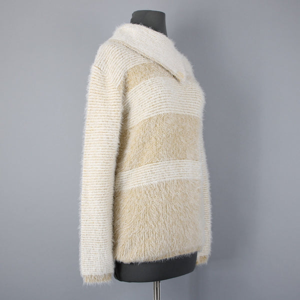 Ethyl Sz M Cream Mustard Yellow Eyelash Fur Boho Asym Neck Nylon Blend Sweater