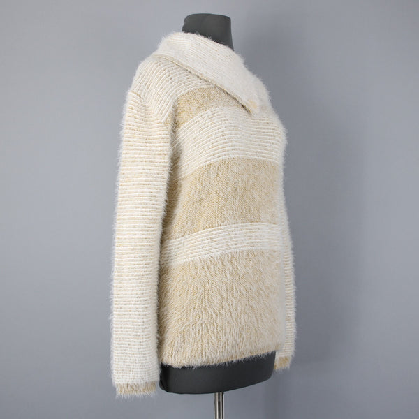 Ethyl Sz M Cream Mustard Yellow Eyelash Fur Boho Asym Neck Nylon Blend Sweater