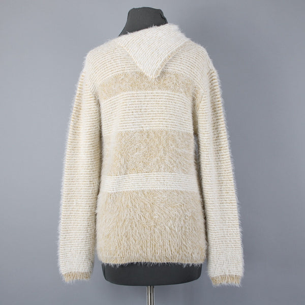 Ethyl Sz M Cream Mustard Yellow Eyelash Fur Boho Asym Neck Nylon Blend Sweater