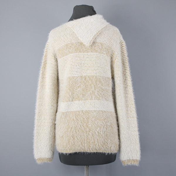 Ethyl Sz M Cream Mustard Yellow Eyelash Fur Boho Asym Neck Nylon Blend Sweater