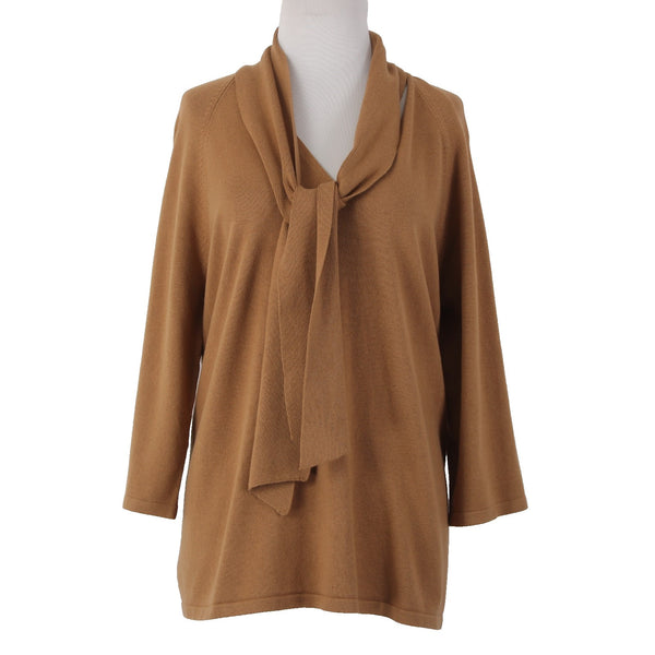 Chicos Sweater NEW $90 Sz 2 English Toffee Tan Luxe Tie Neck Rayon Nylon Sweater