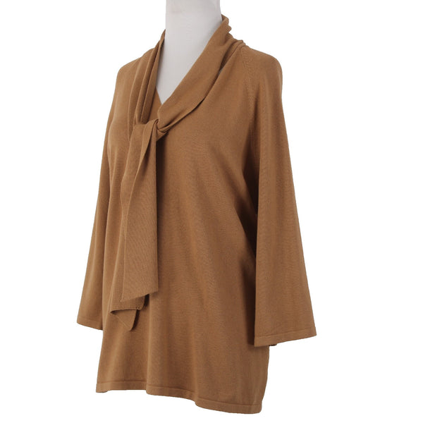 Chicos Sweater NEW $90 Sz 2 English Toffee Tan Luxe Tie Neck Rayon Nylon Sweater