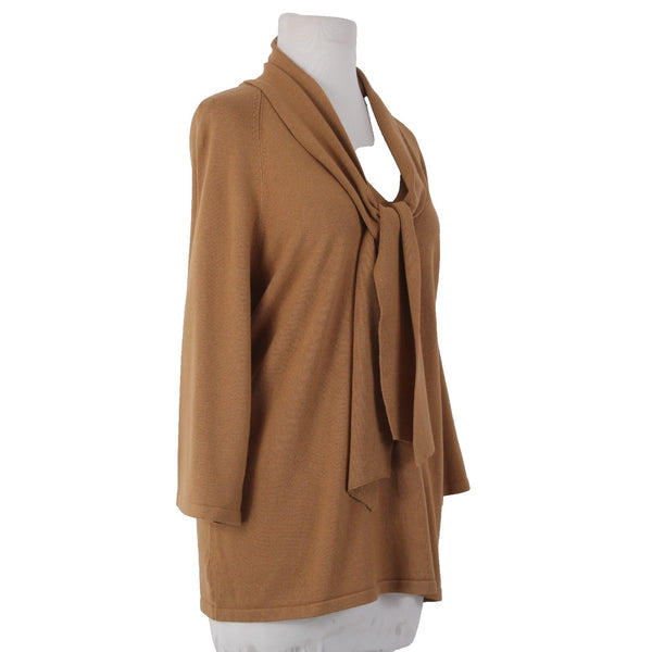 Chicos Sweater NEW $90 Sz 2 English Toffee Tan Luxe Tie Neck Rayon Nylon Sweater