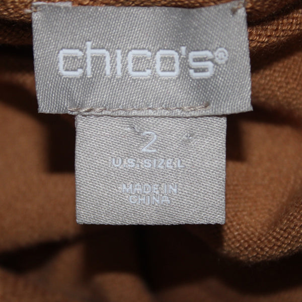 Chicos Sweater NEW $90 Sz 2 English Toffee Tan Luxe Tie Neck Rayon Nylon Sweater