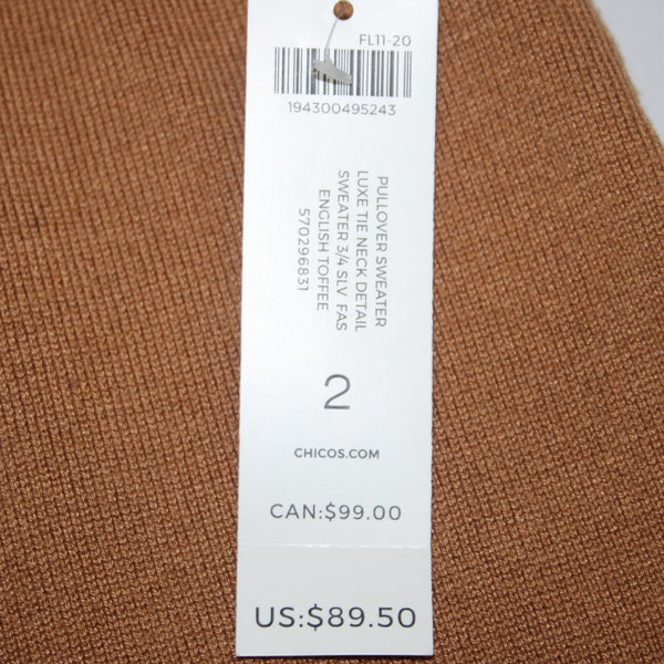Chicos Sweater NEW $90 Sz 2 English Toffee Tan Luxe Tie Neck Rayon Nylon Sweater