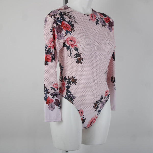 Brazilian NEW Sz M Pink Multi Color Floral Nylon Spandex Sun Shield Swim Suit