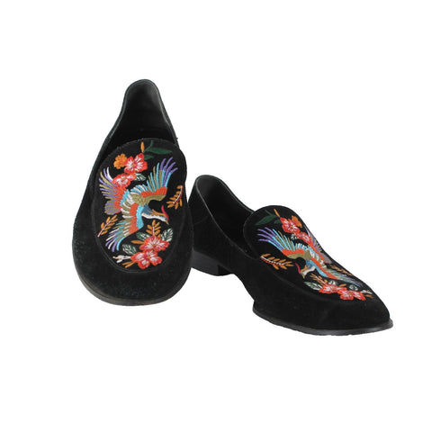 Johnny Was Flats Sz 10 Black Multi Bird Embroidered Slip On Suede Leather Flats