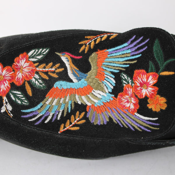 Johnny Was Flats Sz 10 Black Multi Bird Embroidered Slip On Suede Leather Flats