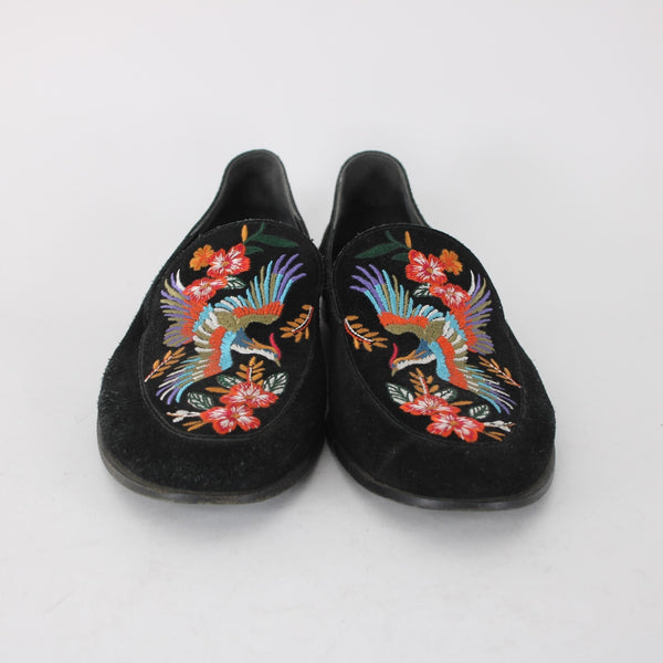 Johnny Was Flats Sz 10 Black Multi Bird Embroidered Slip On Suede Leather Flats