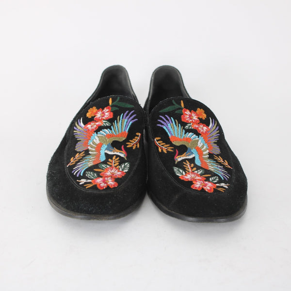 Johnny Was Flats Sz 10 Black Multi Bird Embroidered Slip On Suede Leather Flats