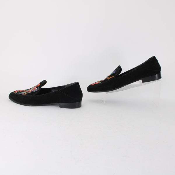 Johnny Was Flats Sz 10 Black Multi Bird Embroidered Slip On Suede Leather Flats