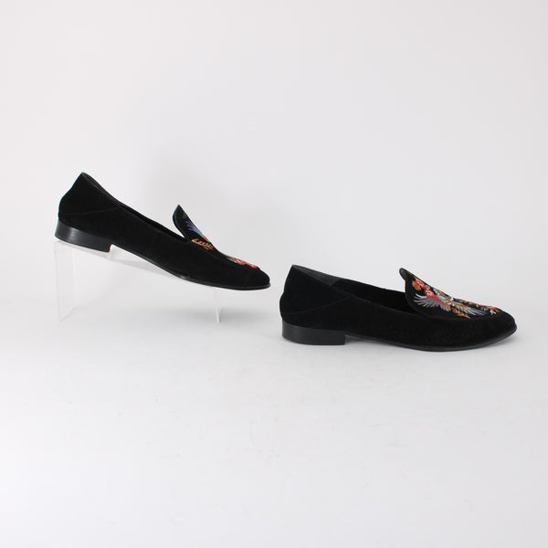 Johnny Was Flats Sz 10 Black Multi Bird Embroidered Slip On Suede Leather Flats