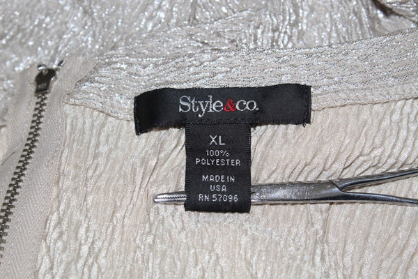Style Co Sz XL Tan Silver 100% Polyester Cuffed Sleeve High Lo Zip Back Top