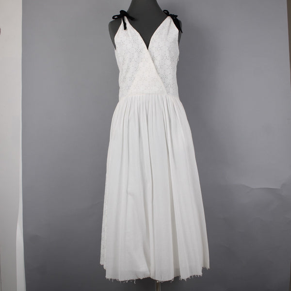 Band Of Outsiders Dress Sz 1 White Black Ribbon Tie Layered V Neck 100% Cotton