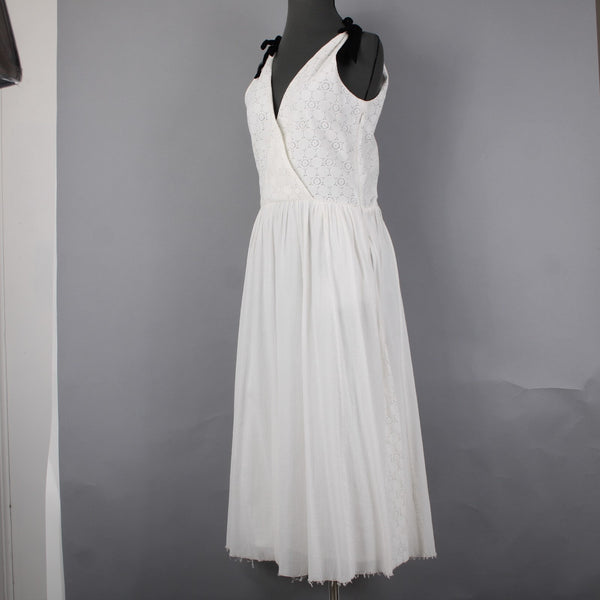 Band Of Outsiders Dress Sz 1 White Black Ribbon Tie Layered V Neck 100% Cotton