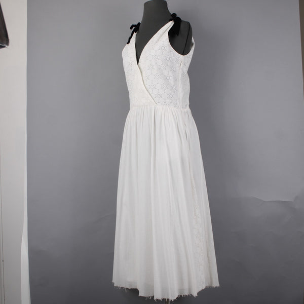 Band Of Outsiders Dress Sz 1 White Black Ribbon Tie Layered V Neck 100% Cotton