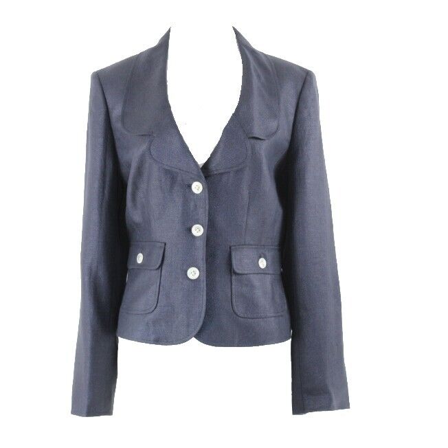 Ellen Tracy NEW $269 Sz 8 Navy Blue Polished Cotton Linen Lined Jacket